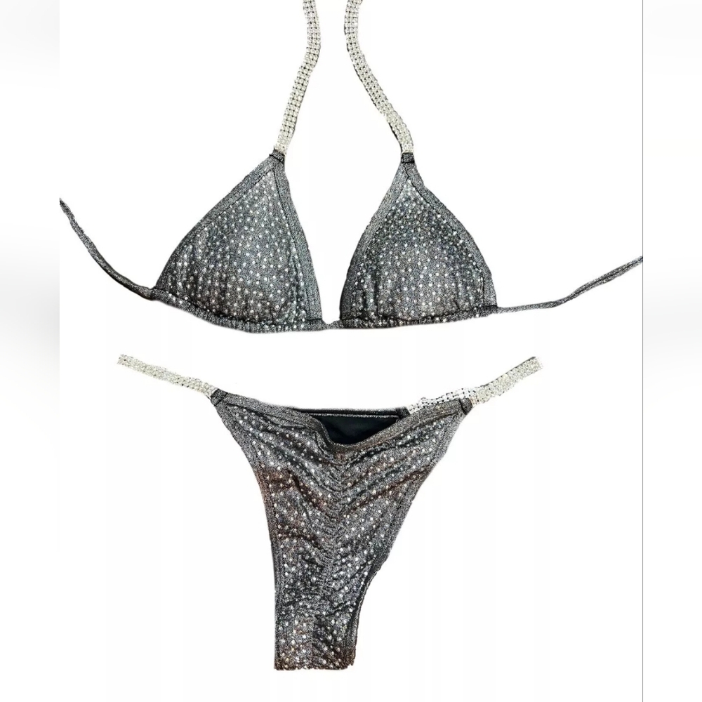 Gray Silver rhinestone NPC competition bikini small